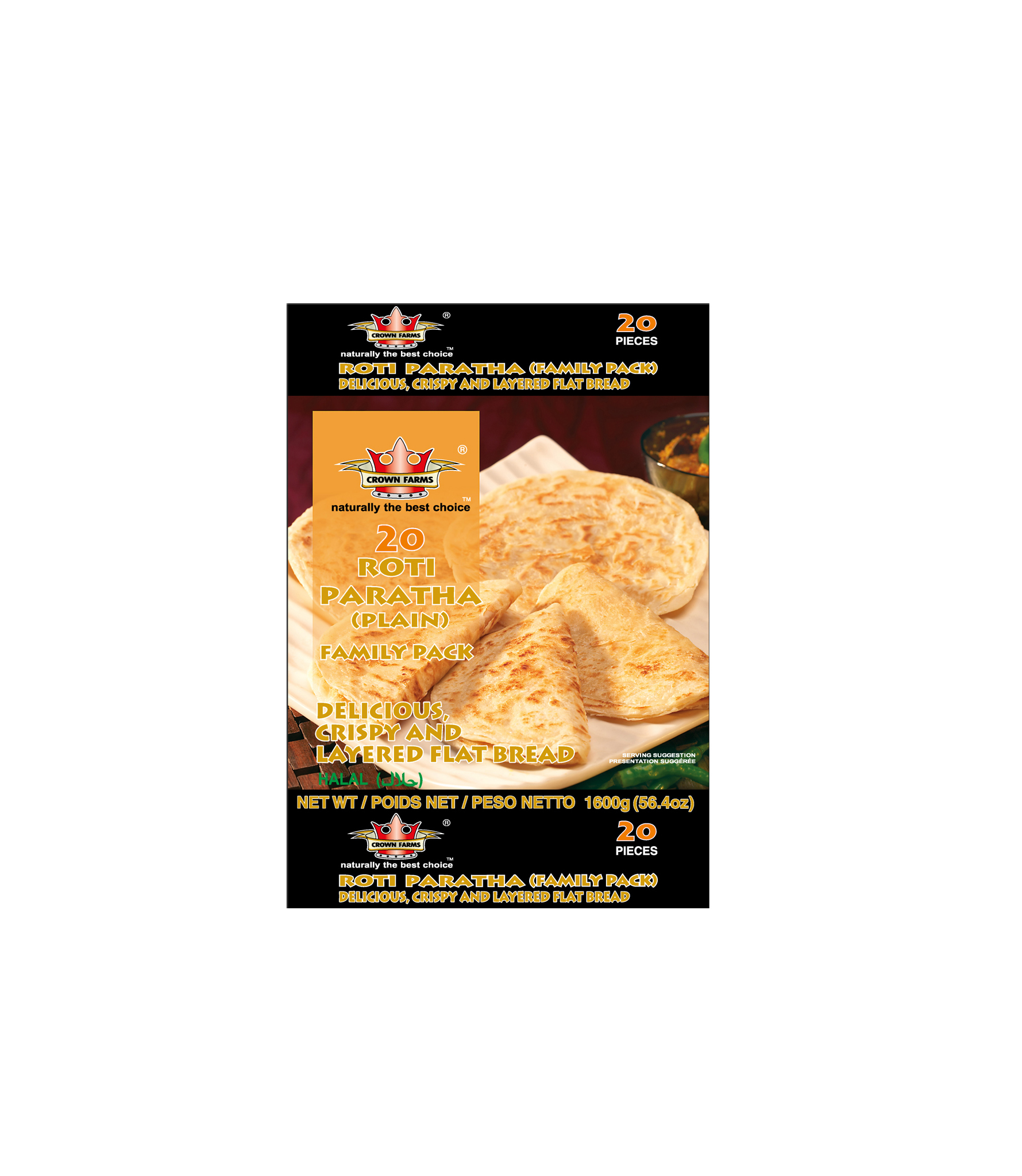 CROWN FARMS 20 ROTI PARATHA PLAIN FROZNE FOOD 1600GM