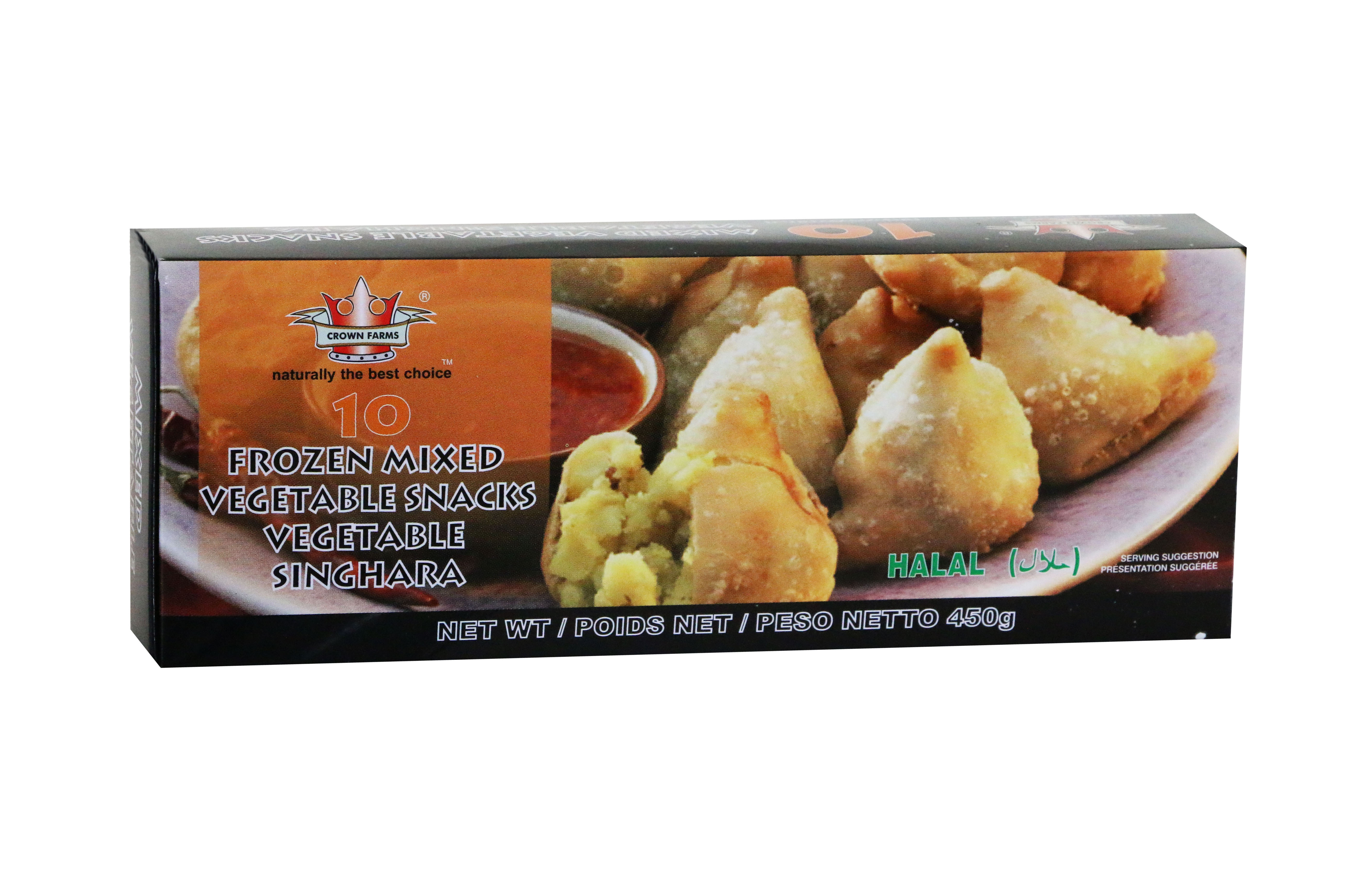 CROWN FARMS 10 VEGETABLE SINGHARA FROZEN FOOD 450GM
